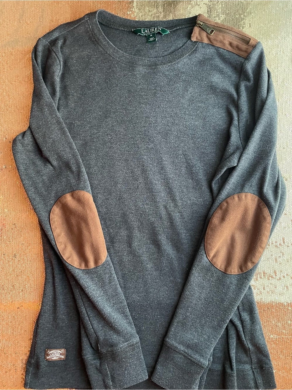 Y2K Equestrian Ralph Lauren Suede Like Brown & Grey Crewneck w/ Zipper